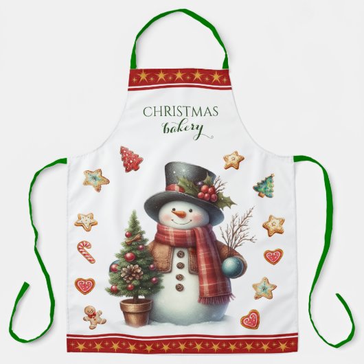 Apron Large Snowman and Christmas Cookies Red エプロン (正面)