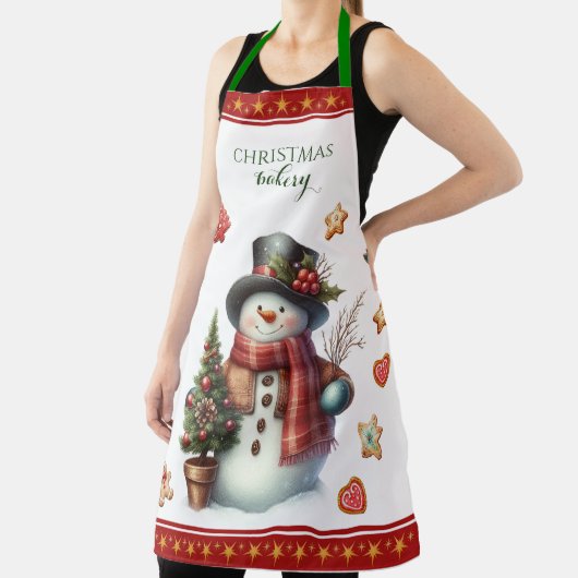 Apron Large Snowman and Christmas Cookies Red エプロン (インサイチュ)