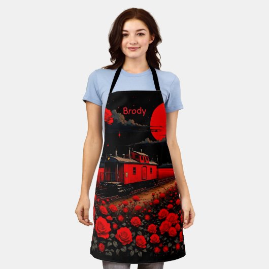 Apron with Train Box Car and Roses  エプロン (着用した状態)