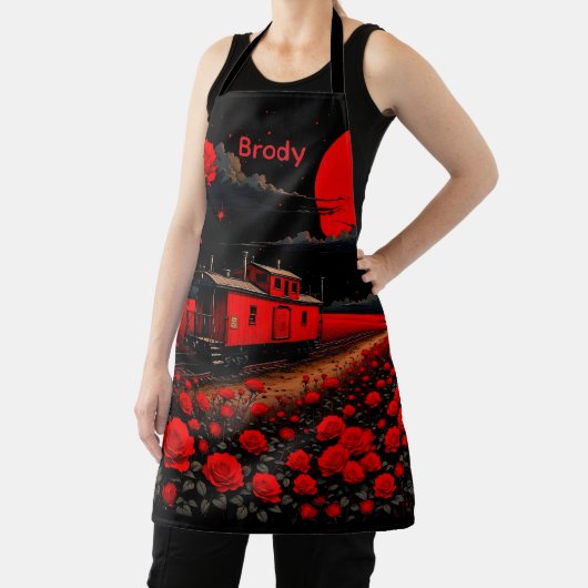 Apron with Train Box Car and Roses  エプロン (インサイチュ)