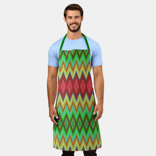 Apron with vibrant, geometric diamond patterns  エプロン (着用した状態)