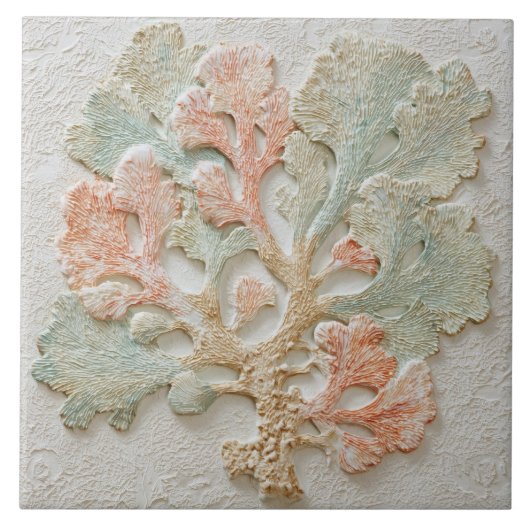 Aqua and Coral Coastal Sea Branch Art タイル (正面)