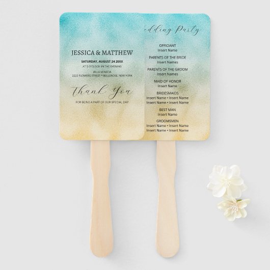 Aqua and Gold Ombre Foil ハンドファン (正面&裏面)