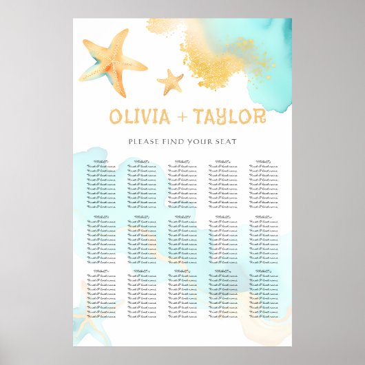 Aqua And Gold Watercolor Beachy Starfish Wedding  ポスター (正面)