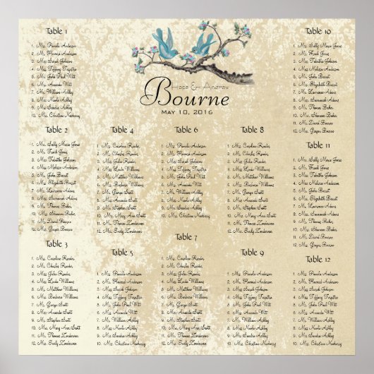 Aqua and Pink birds on branch seating chart ポスター (正面)