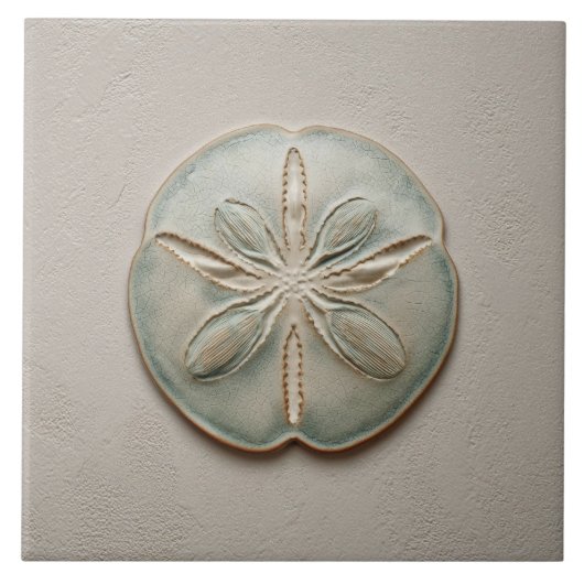 Aqua and Sand Coastal Sand Dollar Relief Artwork タイル (正面)