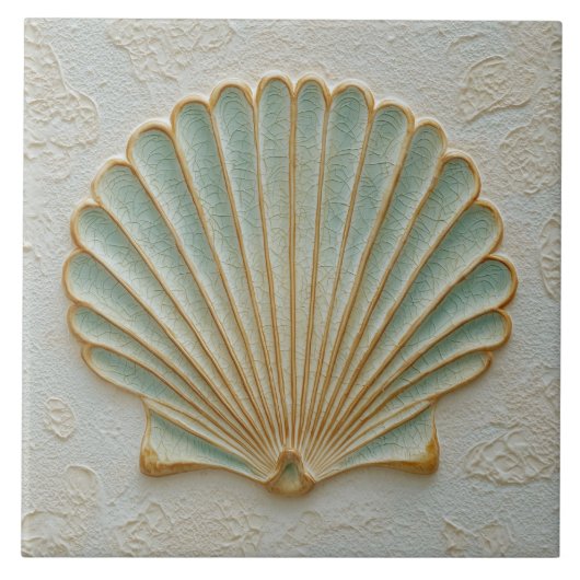 Aqua and Sand Coastal Scallop Shell タイル (正面)
