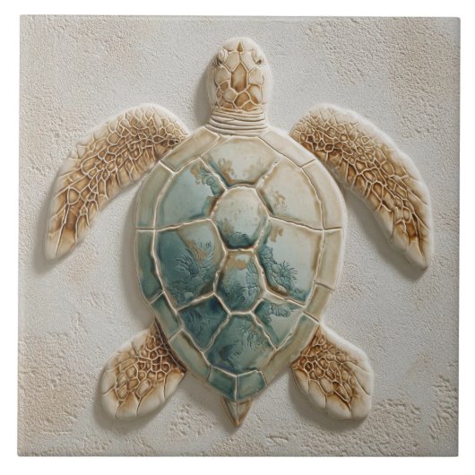 Aqua and Sand Coastal Sea Turtle Art タイル (正面)