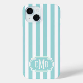 Aqua and White Monogrammed Stripes iPhone 15ケース