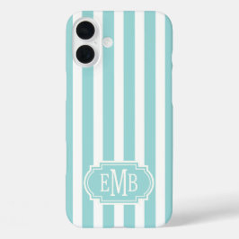 Aqua and White Monogrammed Stripes iPhone 16 Plusケース