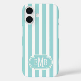 Aqua and White Monogrammed Stripes iPhone 16ケース