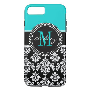 Aqua Black Damask ガーリー Your Monogram Name （モノクロ名） iPhone 8 Plus/7 Plusケース