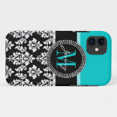 Aqua Black Damask ガーリー Your Monogram Name （モノクロ名） Case-Mate iPhoneケース (裏面(横))