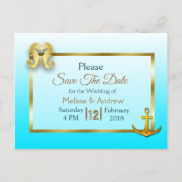 Aqua Blueと金ゴールドSave the Date Postcard 案内ポストカード