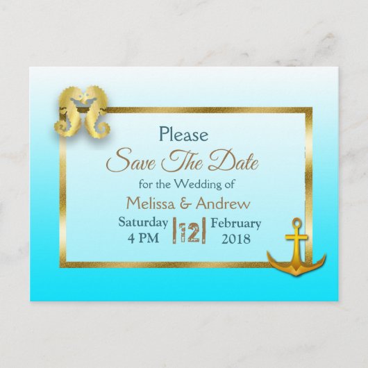Aqua Blueと金ゴールドSave the Date Postcard 案内ポストカード (正面)