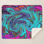 Aqua Blue and Black Groovy Abstract Retro Art シェルパブランケット (正面(横))