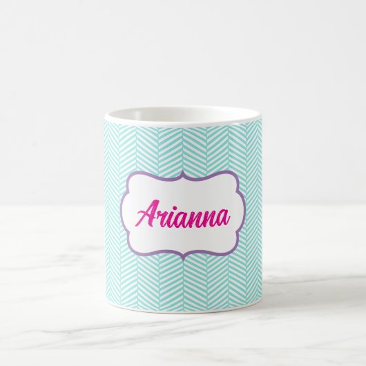 Aqua Blue and Lavender Purple Chevron Name コーヒーマグカップ (中央)