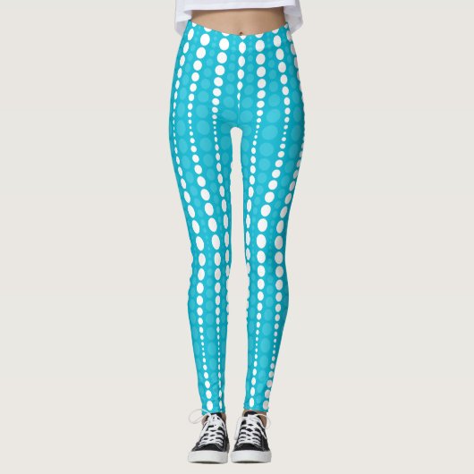 Aqua Blue and White Polka Dot Leggings レギンス (正面)