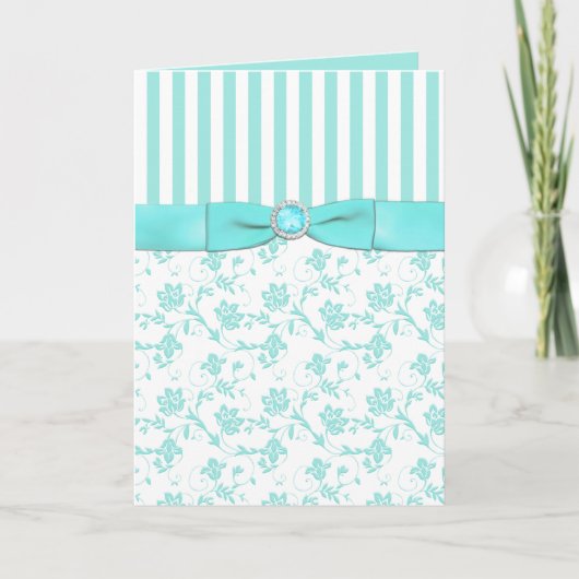 Aqua Blue and White Striped Floral Thank You Card サンキューカード (正面)
