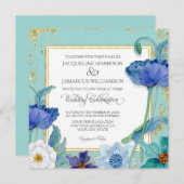 Aqua Blue and White Watercolorフローラフレーム 招待状 (正面/裏面)
