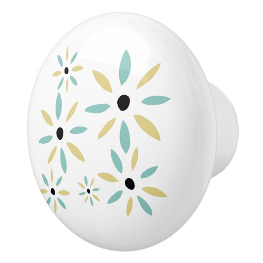 Aqua Blue And Yellow Mid Century Flowers セラミックノブ (右)
