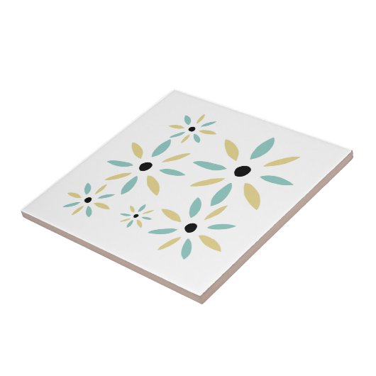 Aqua Blue And Yellow Mid Mod Retro Flowers タイル (側面)