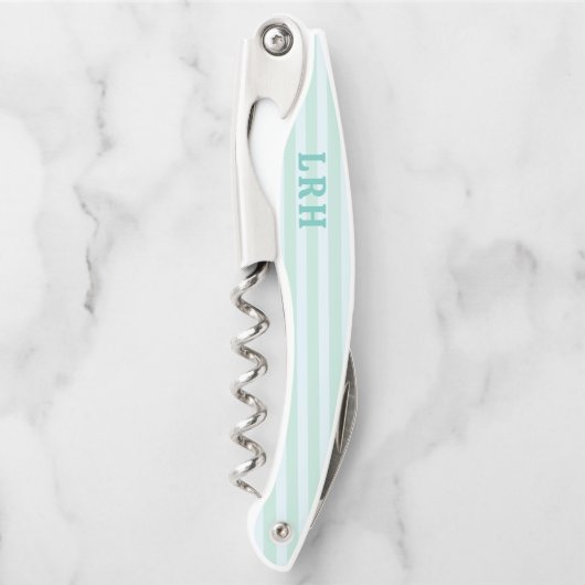 Aqua Blue Beach Stripe Tiny Initials Monogram ソムリエナイフ (正面)