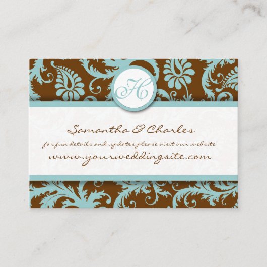Aqua Blue Damask on Brown Damask Wedsiteカード 名刺 (正面)