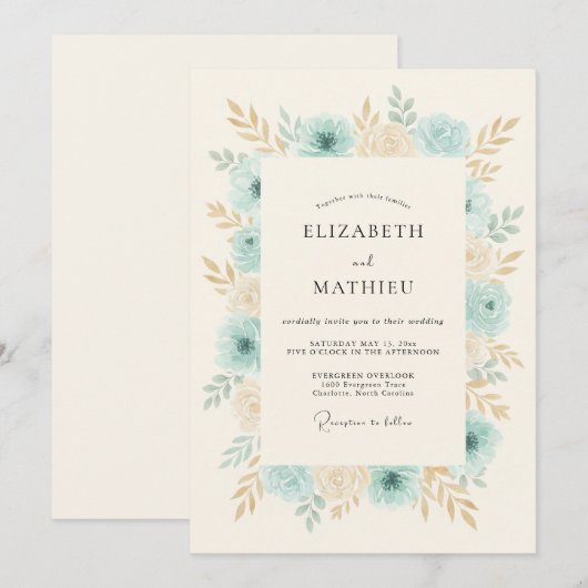 Aqua Blue Gentle Spring Wedding 招待状 (正面/裏面)