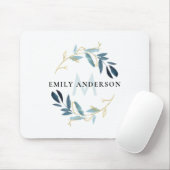 AQUA BLUE GOLD FOLIAGE WATERCOLOR WREATH MONOGRAM マウスパッド (マウス)
