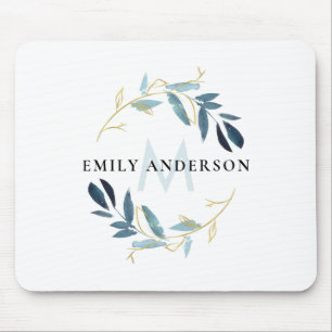 AQUA BLUE GOLD FOLIAGE WATERCOLOR WREATH MONOGRAM マウスパッド