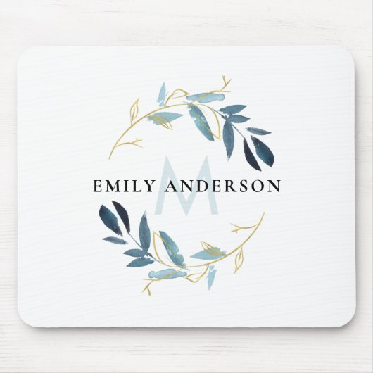AQUA BLUE GOLD FOLIAGE WATERCOLOR WREATH MONOGRAM マウスパッド (正面)