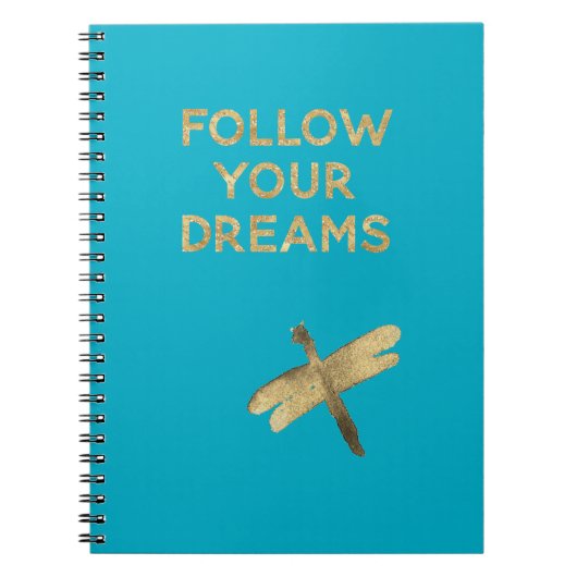 Aqua Blue Gold Follow Your Dreams Dragonfly ノートブック (正面)