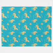 Aqua Blue Gold Magical Unicorn Birthday フリースブランケット (正面(横))