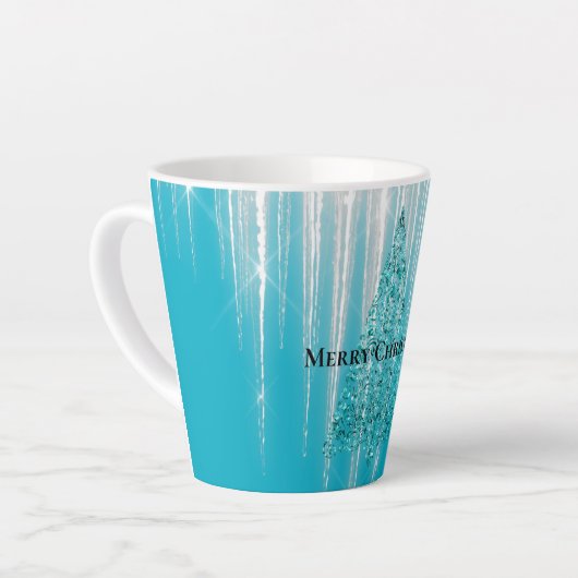 Aqua Blue Icicles Sparkle Christmas Tree カフェラテマグ (左アングル)