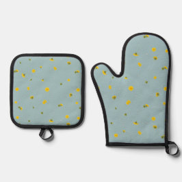 Aqua Blue Japanese Dandelion Floral Pattern 鍋つかみ&鍋敷きセット