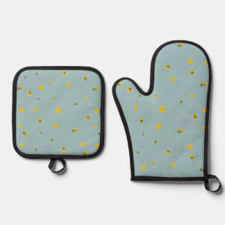 Aqua Blue Japanese Dandelion Floral Pattern 鍋つかみ&鍋敷きセット