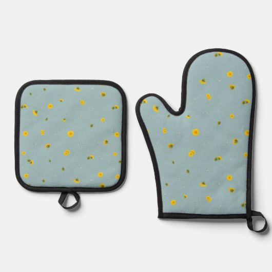 Aqua Blue Japanese Dandelion Floral Pattern 鍋つかみ&鍋敷きセット (正面)