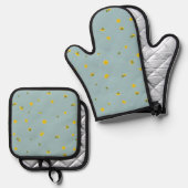 Aqua Blue Japanese Dandelion Floral Pattern 鍋つかみ&鍋敷きセット (正面/裏面)
