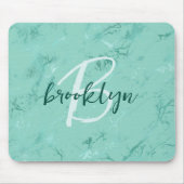 Aqua Blue Marble Foil Script Monogram マウスパッド (正面)