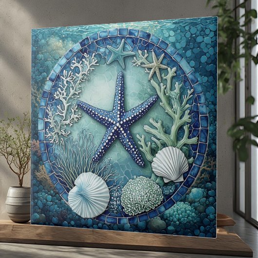 Aqua blue Marine Life Starfish Coral Reef Seashell タイル