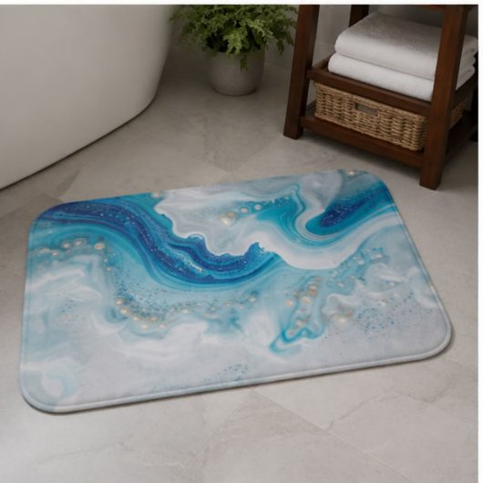 Aqua Blue Pearl Marble Elegant Ocean Wave Fluid バスマット