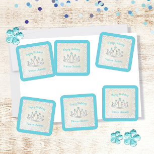 Aqua Blue Princess Tiara Birthday Party Stickers スクエアシール