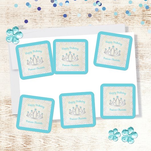 Aqua Blue Princess Tiara Birthday Party Stickers スクエアシール