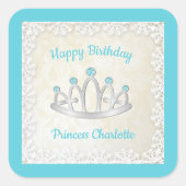 Aqua Blue Princess Tiara Birthday Party Stickers スクエアシール (正面)