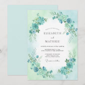 Aqua Blue Pristine Floral Wedding 招待状 (正面/裏面)
