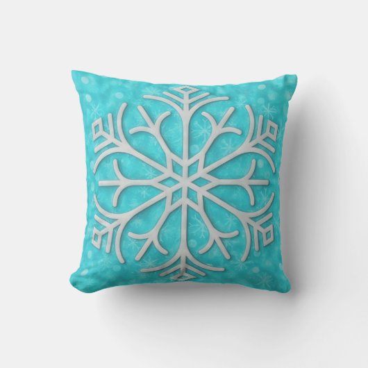 Aqua Blue Snowflake Art Winter Holiday Pillow クッション (正面)