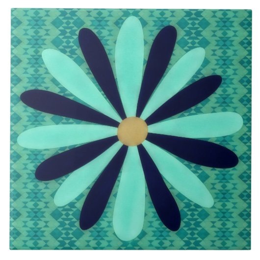 Aqua Blue Southwestern Style Flower Art Decorative タイル (正面)