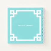 Aqua Blue Square Greek Key Border Monogram ノートブック (裏面)