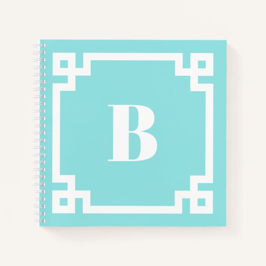 Aqua Blue Square Greek Key Border Monogram ノートブック (正面)